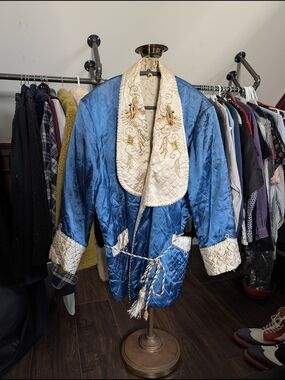 Japanese Vintage Souvenir Smoking Jacket Quilted Satin Embroidered Robe Dragon